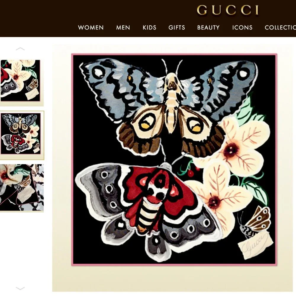 Gucci Unisex Scarf Kris Knight Butterfly Flora Black Silk Wrap